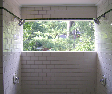 Shower with glass tiles and window